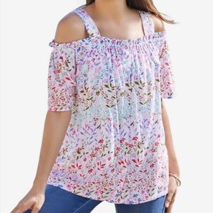 Woman Within Printed Cold-Shoulder Blouse White Garden Print Plus Size 1X